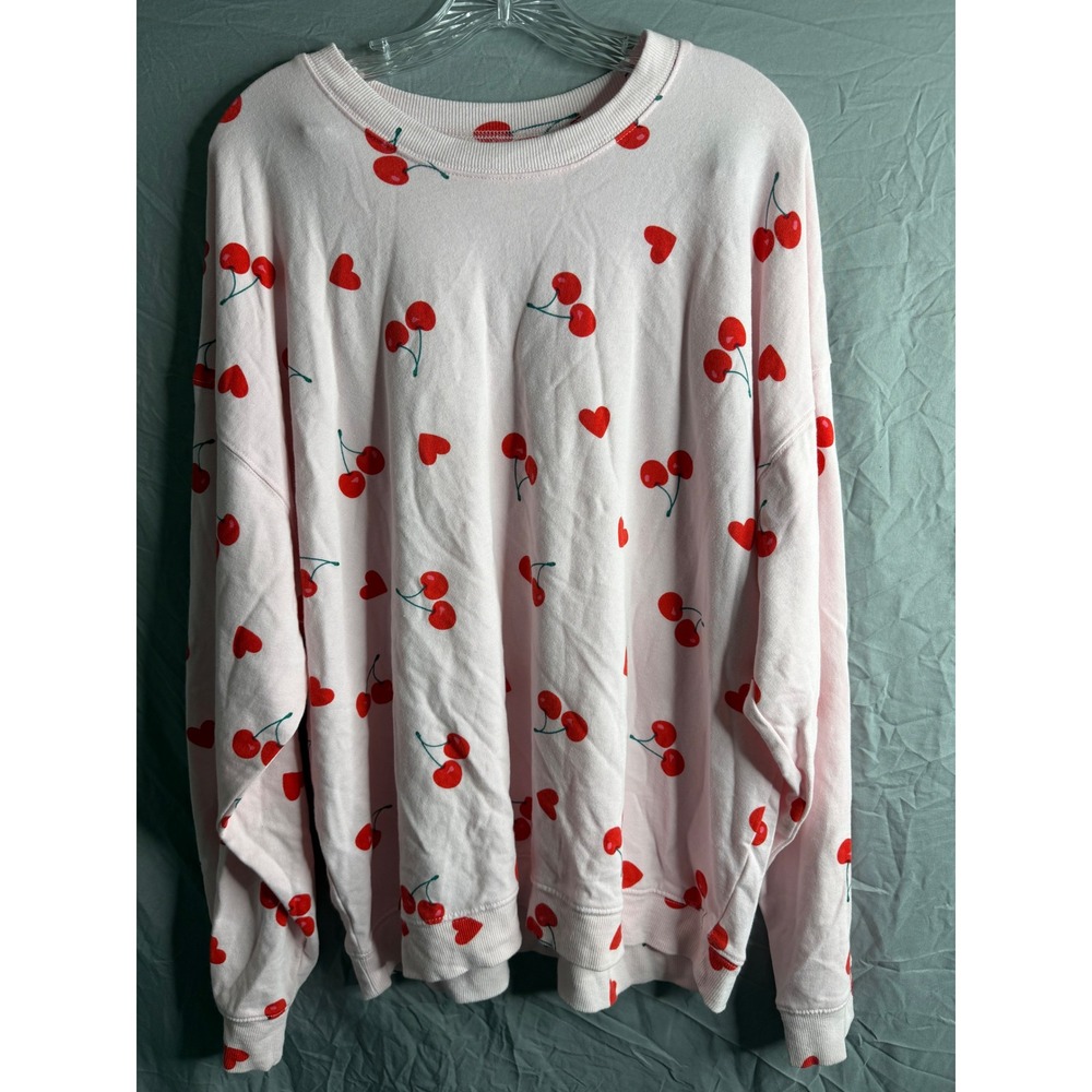 Grayson Threads Pink Cherry Heart Print Sweatshirt Womens Large Pullover Crew